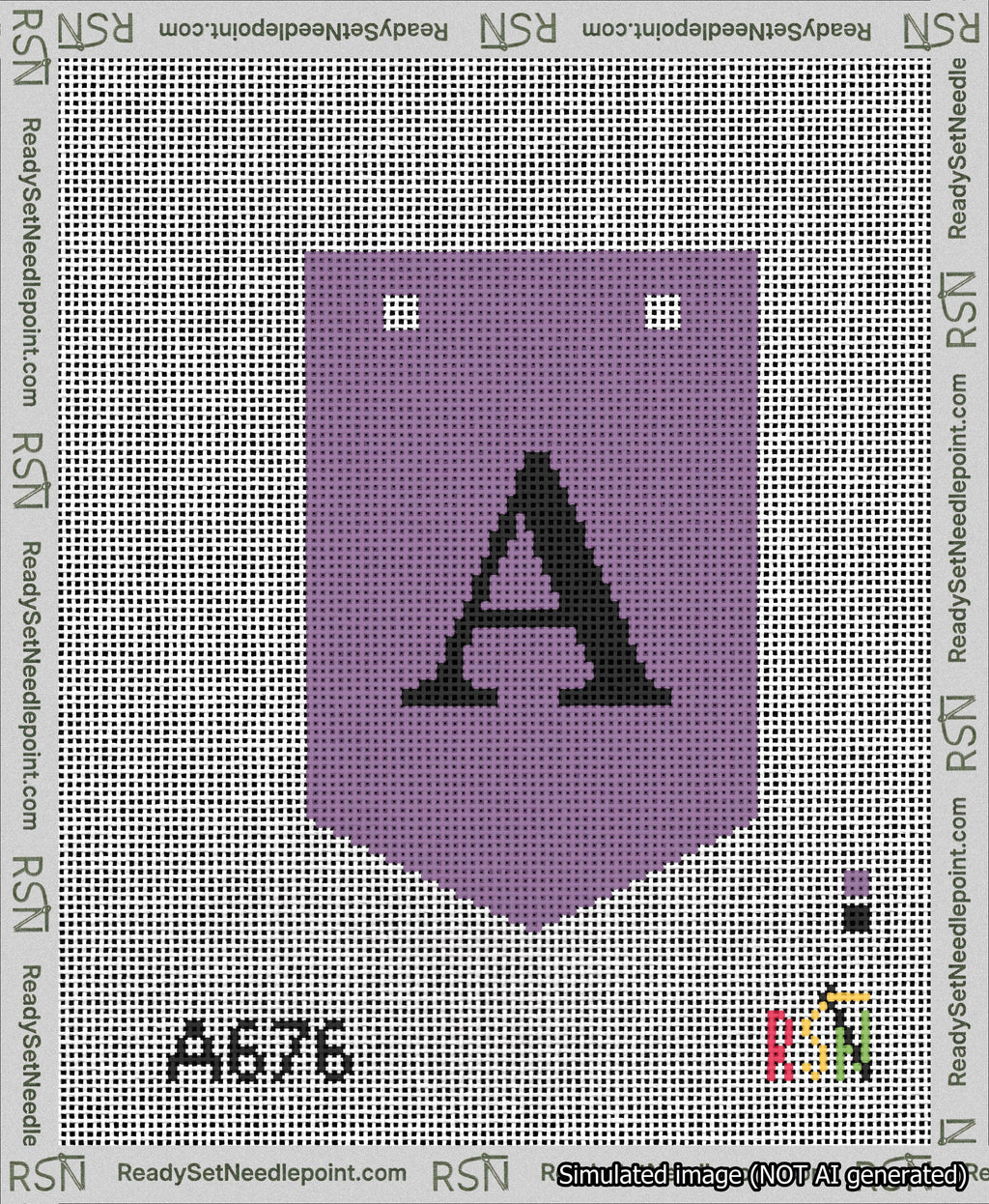 A taped needlepoint canvas with the design: Banner 13 mesh count Pointed A Black on Purple.
