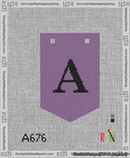 A taped needlepoint canvas with the design: Banner 13 mesh count Pointed A Black on Purple.
