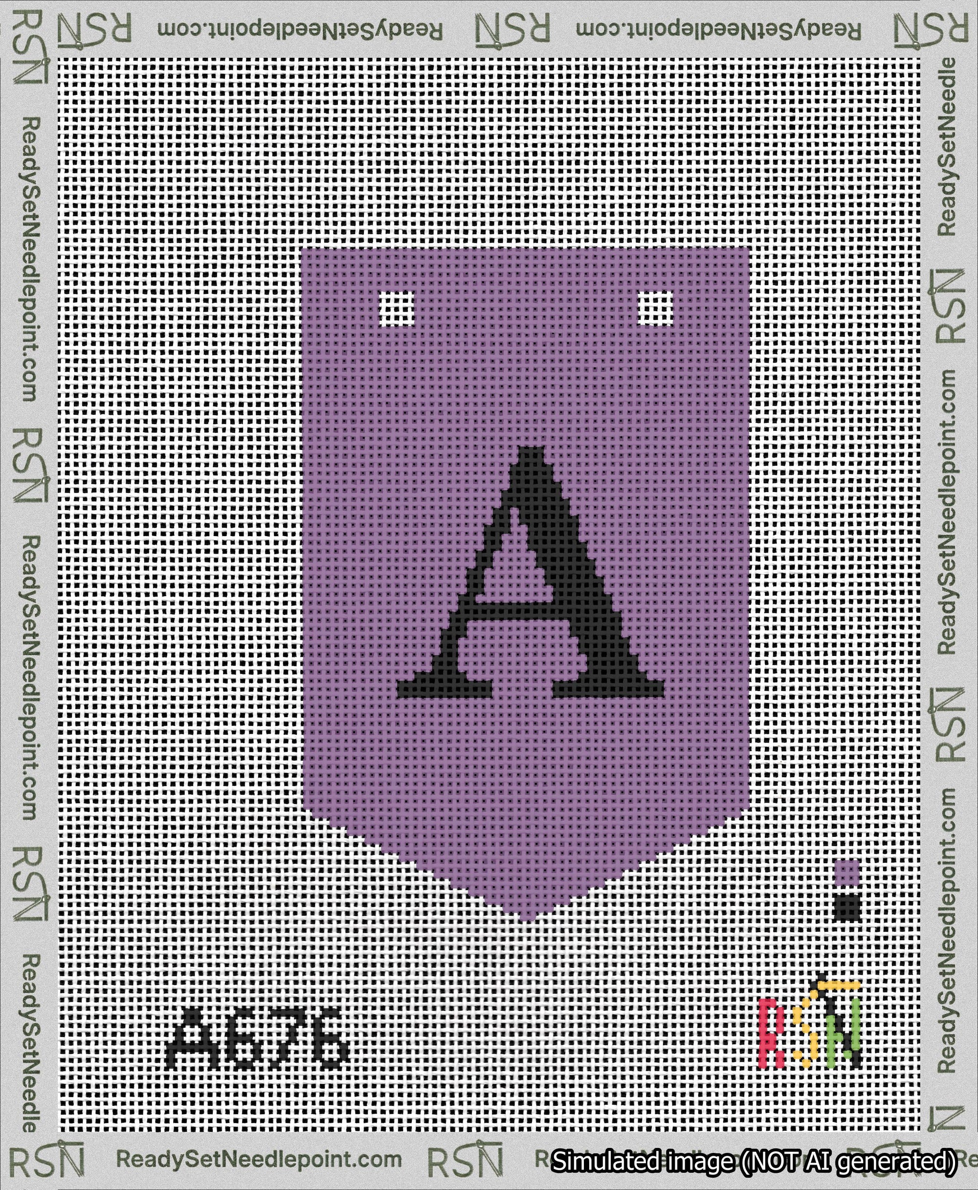A taped needlepoint canvas with the design: Banner 13 mesh count Pointed A Black on Purple.
