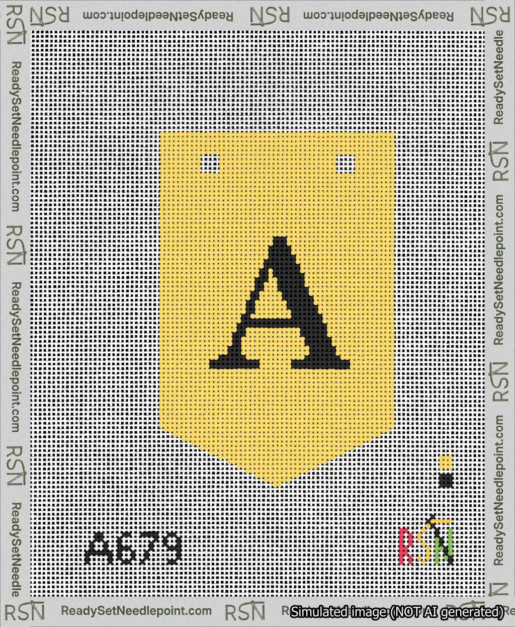 A taped needlepoint canvas with the design: Banner 13 mesh count Pointed A Black on Yellow.