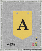 A taped needlepoint canvas with the design: Banner 13 mesh count Pointed A Black on Yellow.