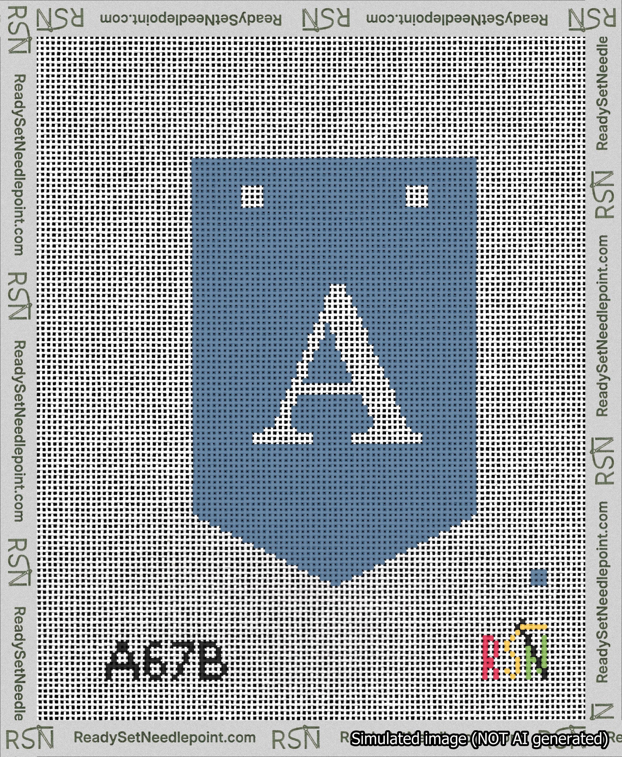 A taped needlepoint canvas with the design: Banner 13 mesh count Pointed A White on Blue.