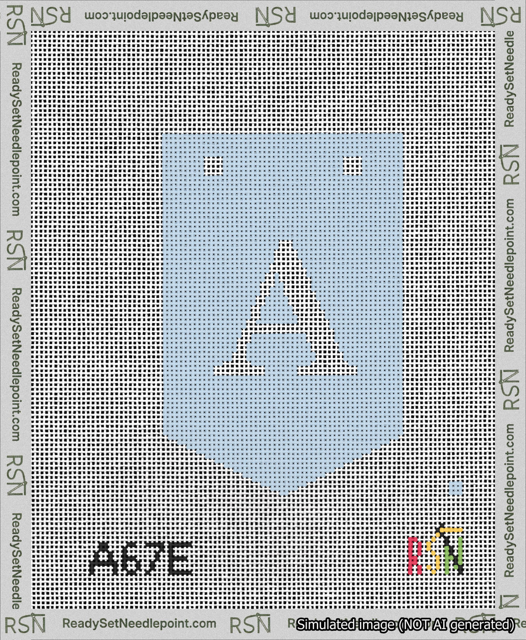 A taped needlepoint canvas with the design: Banner 13 mesh count Pointed A White on Light Blue.
