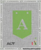 A taped needlepoint canvas with the design: Banner 13 mesh count Pointed A White on Light Green.