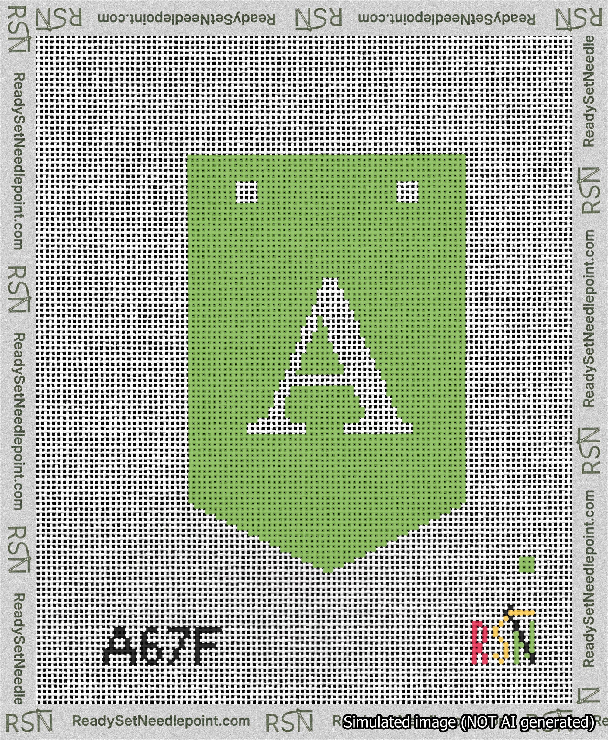 A taped needlepoint canvas with the design: Banner 13 mesh count Pointed A White on Light Green.