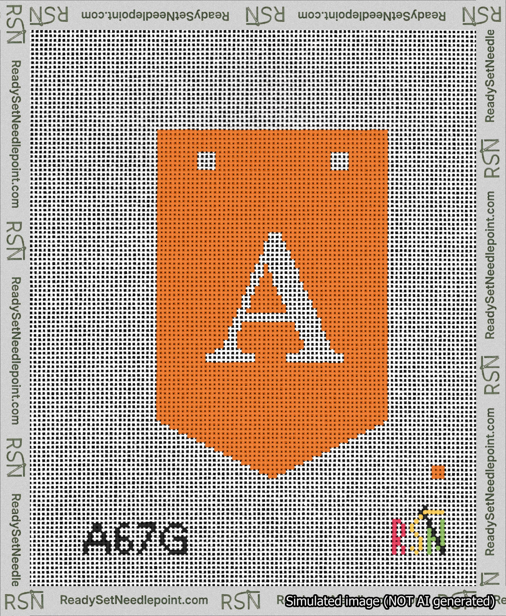 A taped needlepoint canvas with the design: Banner 13 mesh count Pointed A White on Orange.