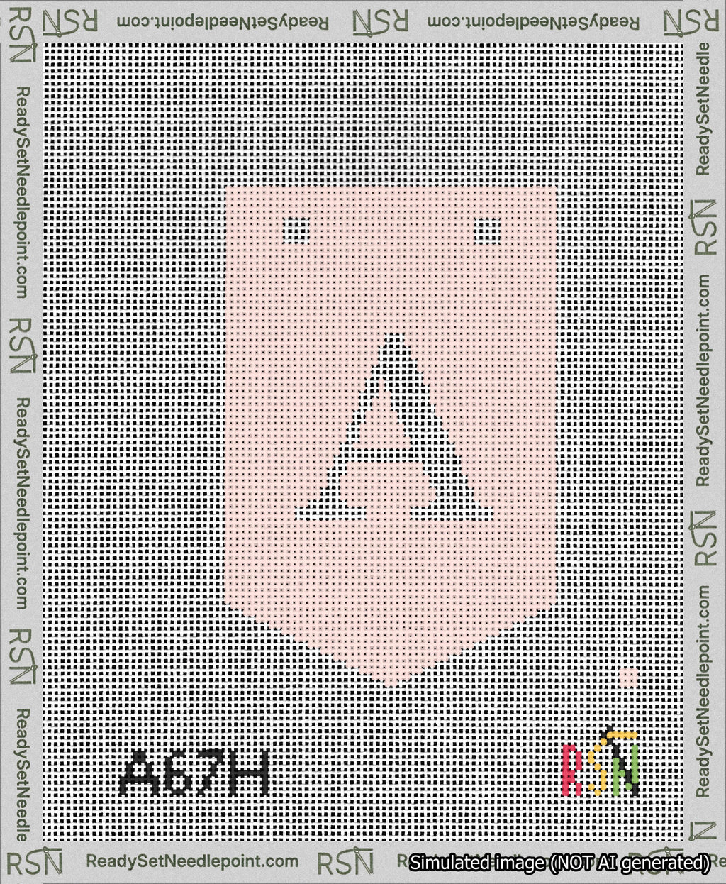 A taped needlepoint canvas with the design: Banner 13 mesh count Pointed A White on Pink.