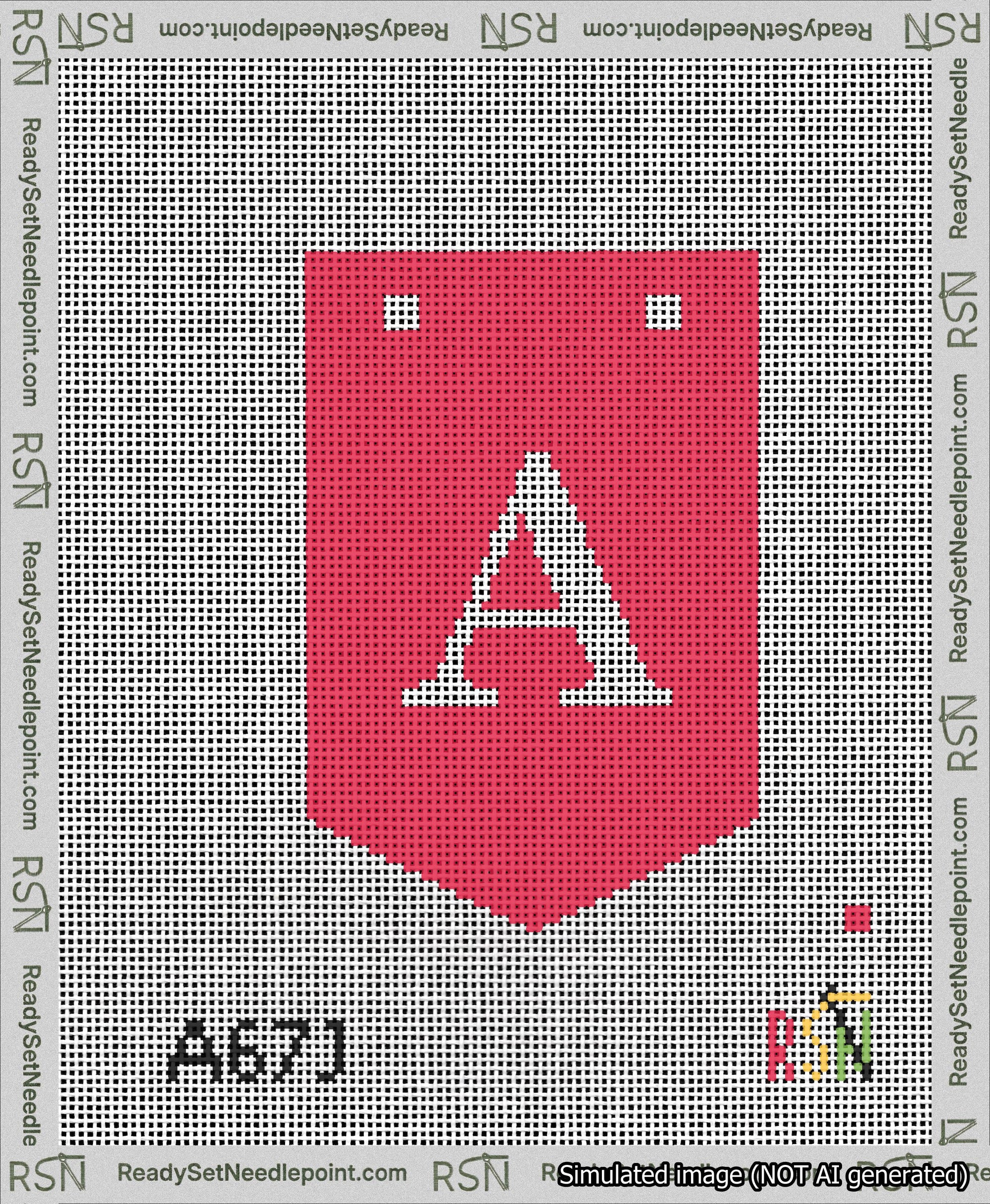 A taped needlepoint canvas with the design: Banner 13 mesh count Pointed A White on Red.