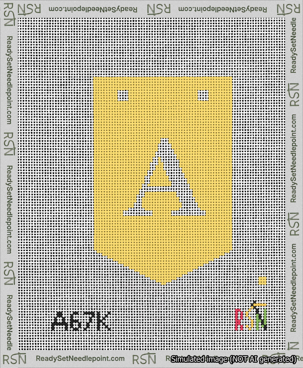 A taped needlepoint canvas with the design: Banner 13 mesh count Pointed A White on Yellow.