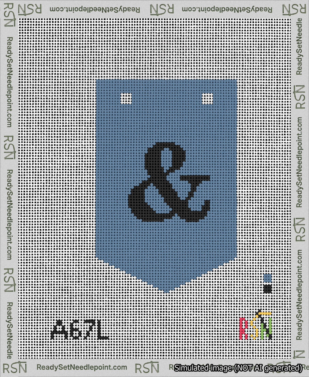 A taped needlepoint canvas with the design: Banner 13 mesh count Pointed Ampersand Black on Blue.