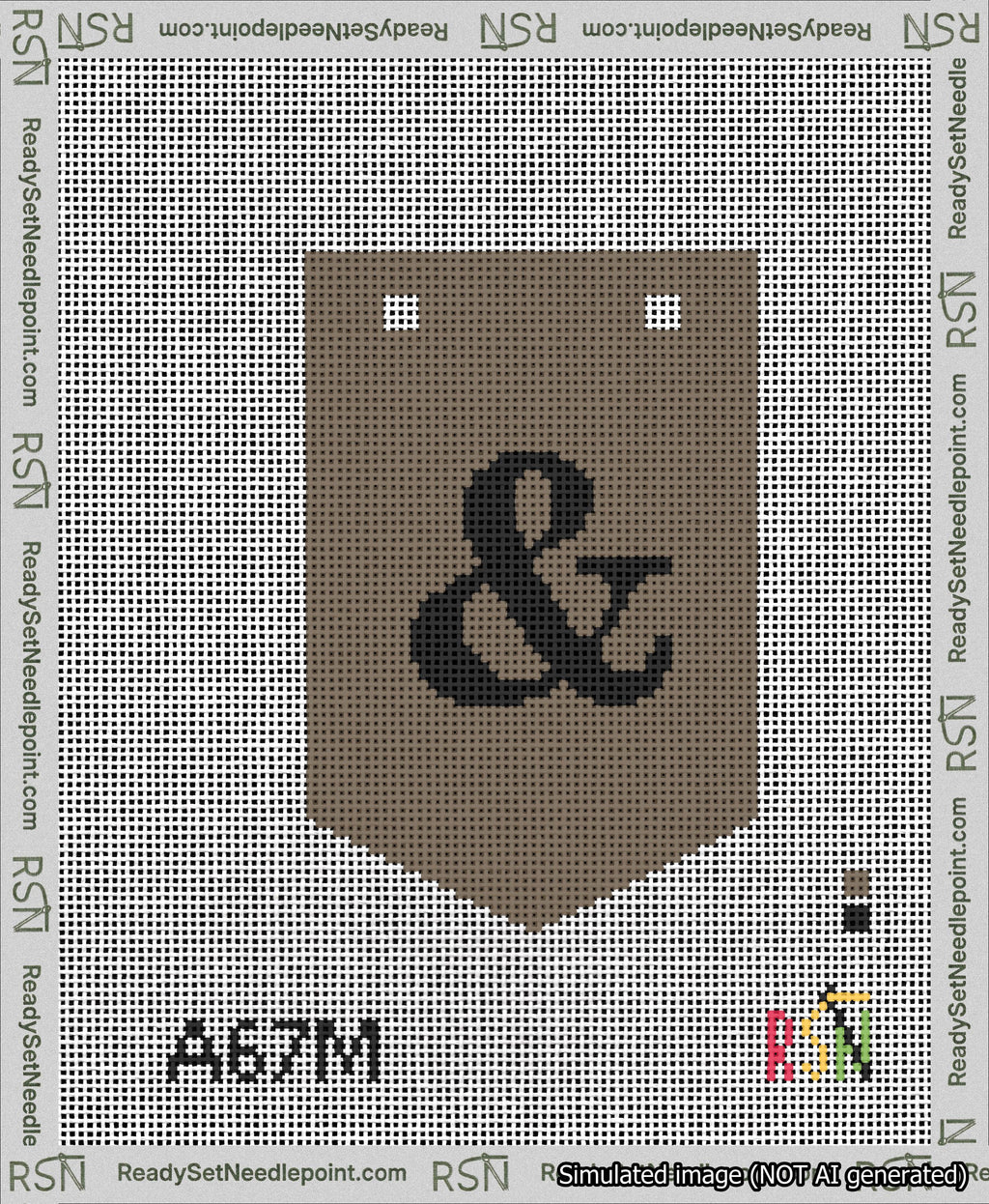 A taped needlepoint canvas with the design: Banner 13 mesh count Pointed Ampersand Black on Brown.