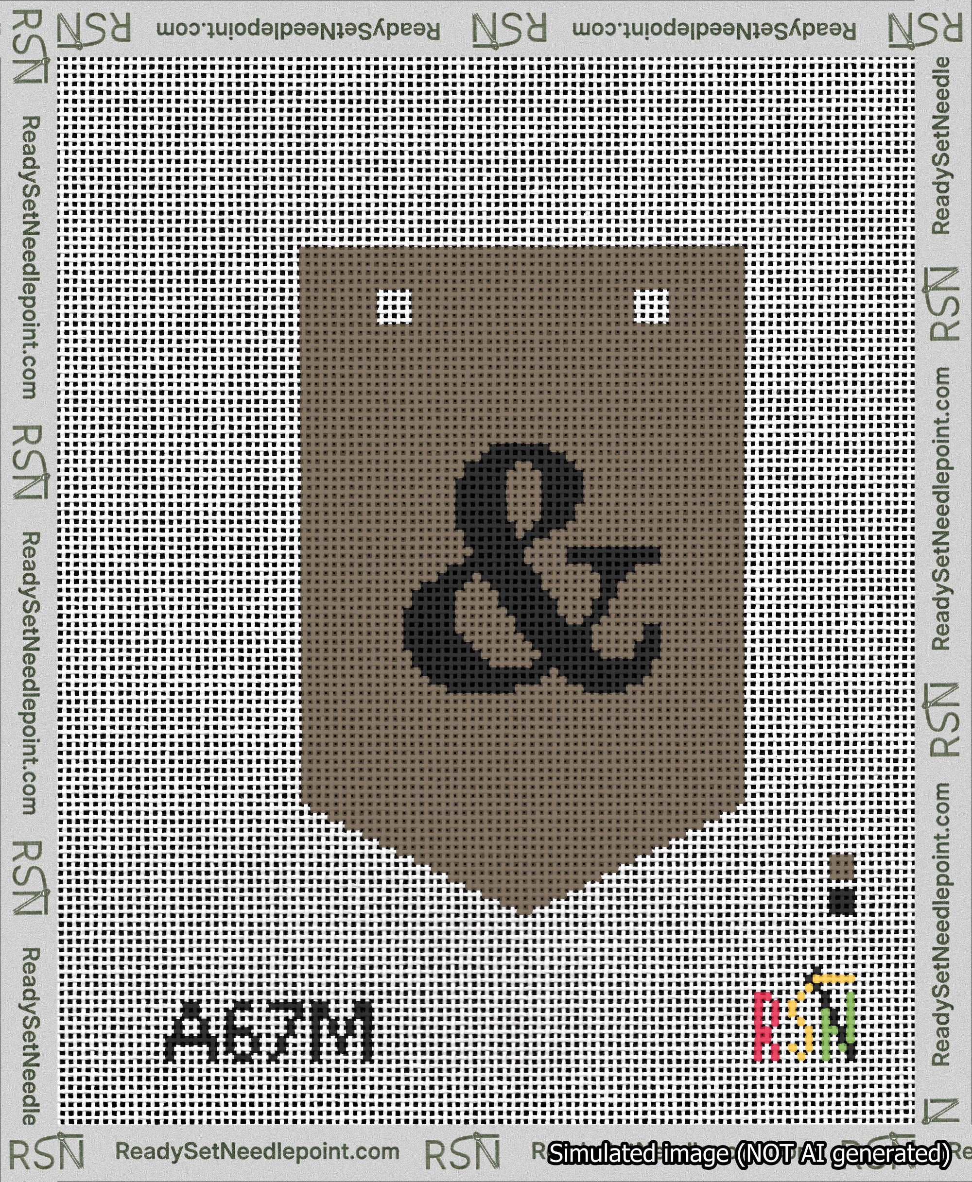 A taped needlepoint canvas with the design: Banner 13 mesh count Pointed Ampersand Black on Brown.