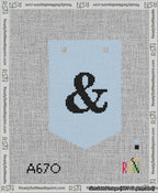 A taped needlepoint canvas with the design: Banner 13 mesh count Pointed Ampersand Black on Light Blue.