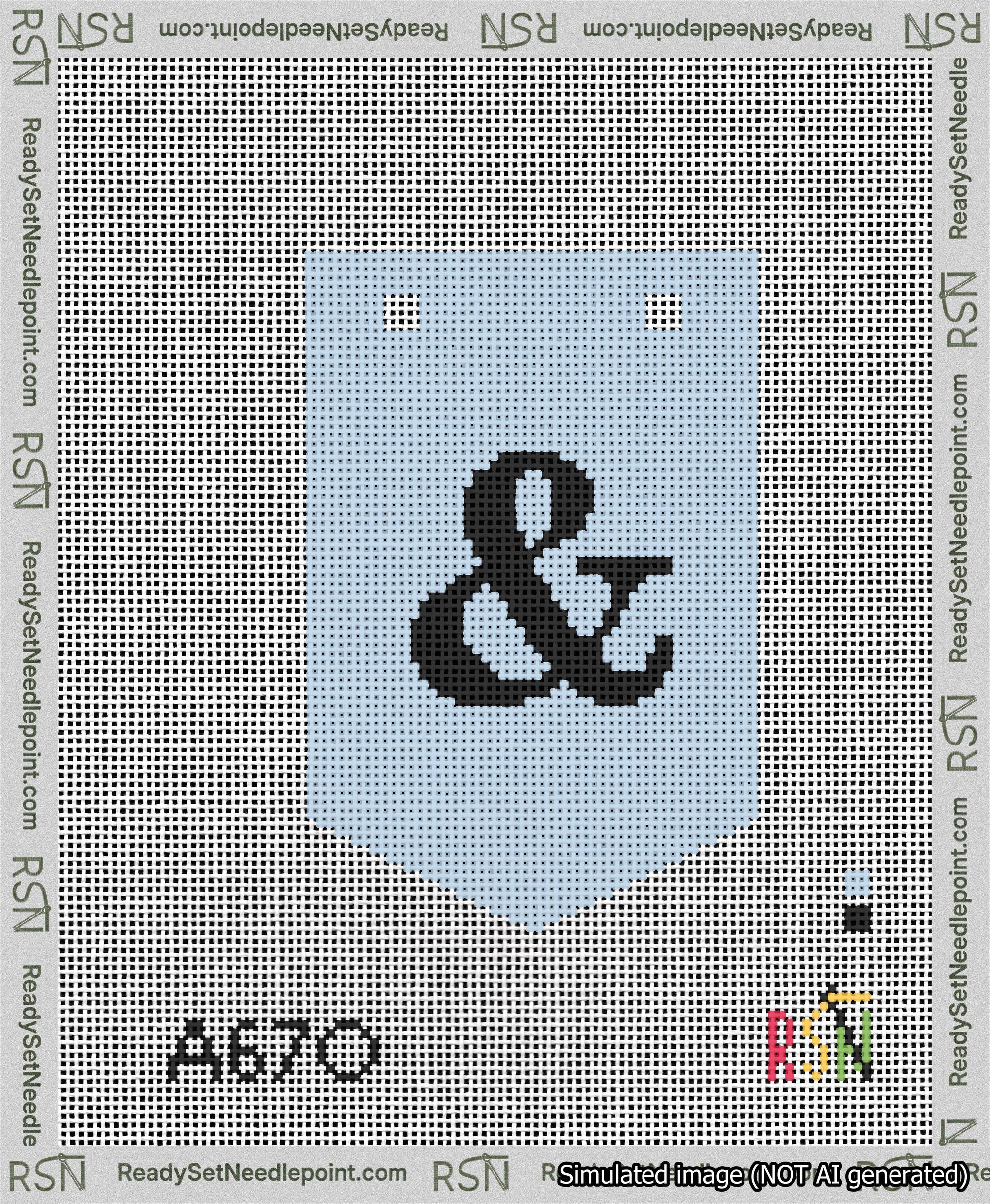 A taped needlepoint canvas with the design: Banner 13 mesh count Pointed Ampersand Black on Light Blue.
