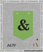 A taped needlepoint canvas with the design: Banner 13 mesh count Pointed Ampersand Black on Light Green.