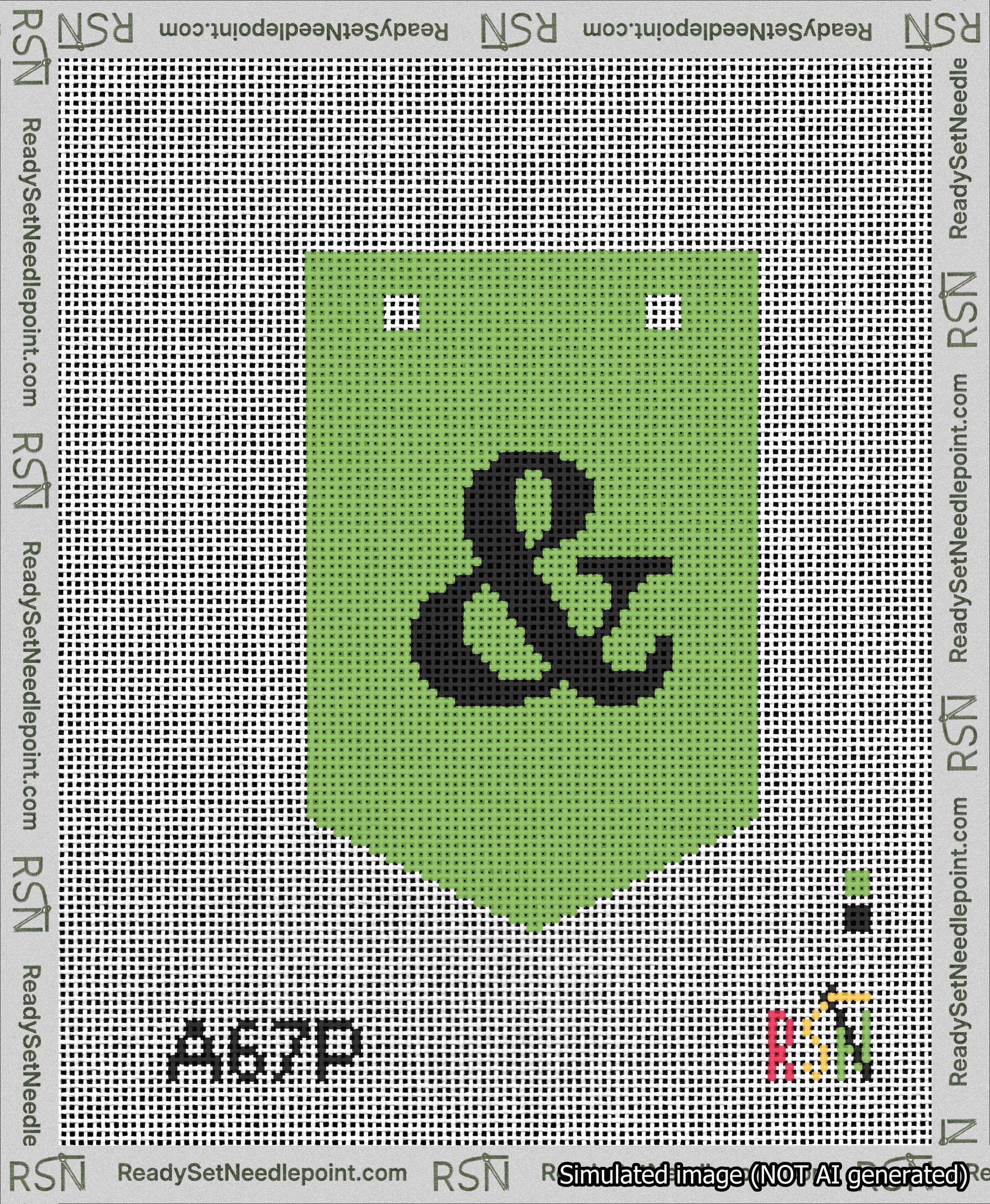 A taped needlepoint canvas with the design: Banner 13 mesh count Pointed Ampersand Black on Light Green.