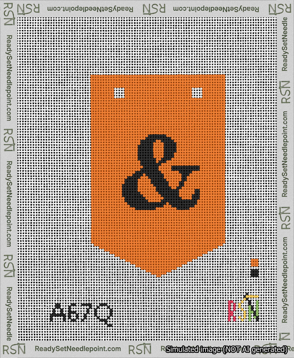 A taped needlepoint canvas with the design: Banner 13 mesh count Pointed Ampersand Black on Orange.
