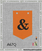 A taped needlepoint canvas with the design: Banner 13 mesh count Pointed Ampersand Black on Orange.