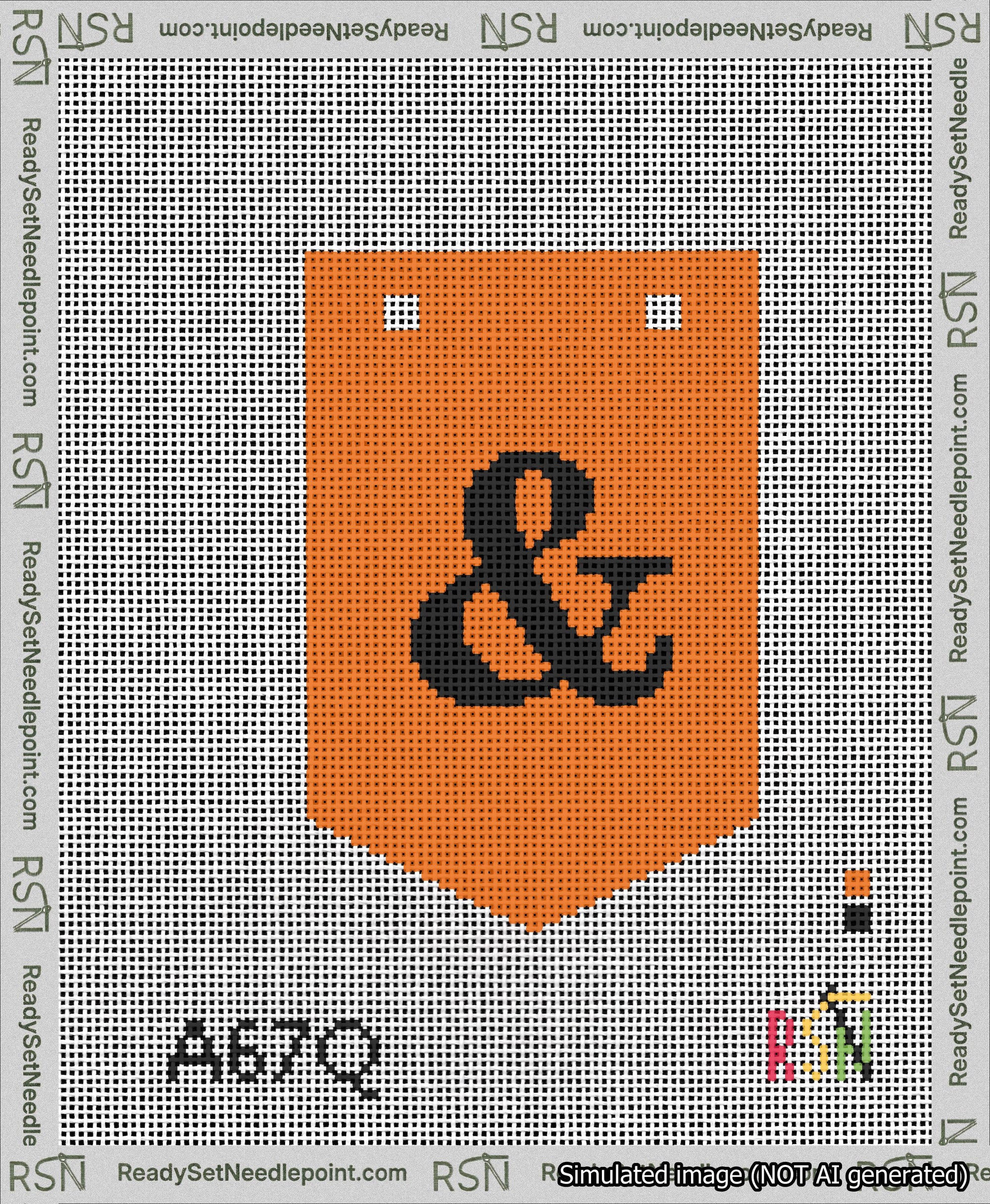 A taped needlepoint canvas with the design: Banner 13 mesh count Pointed Ampersand Black on Orange.