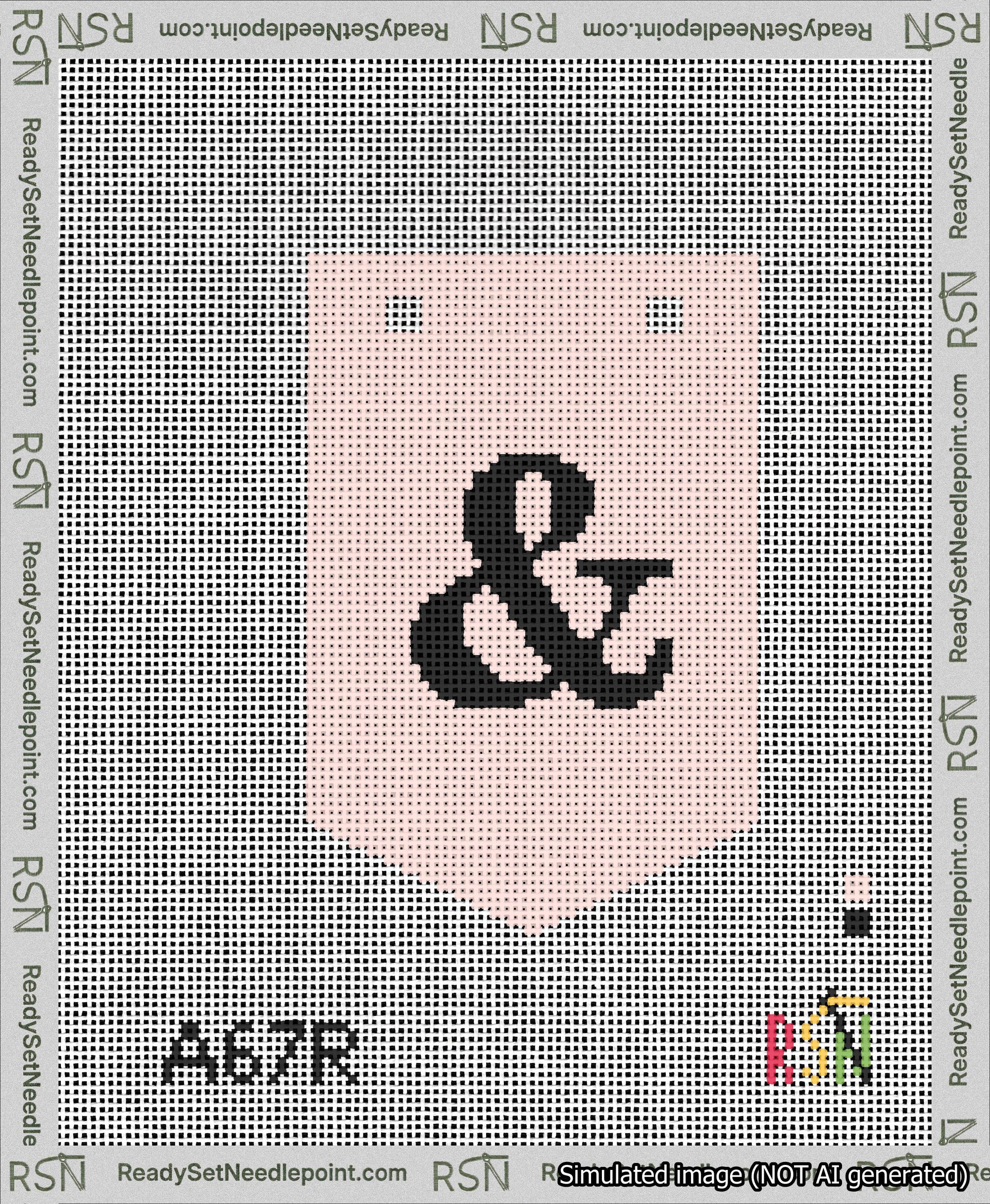 A taped needlepoint canvas with the design: Banner 13 mesh count Pointed Ampersand Black on Pink.