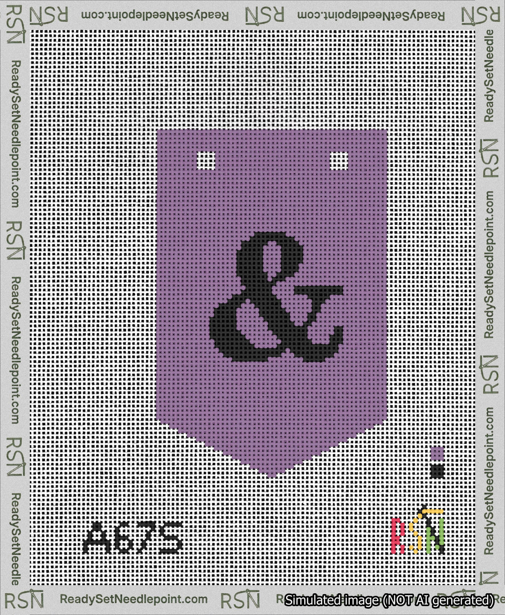 A taped needlepoint canvas with the design: Banner 13 mesh count Pointed Ampersand Black on Purple.