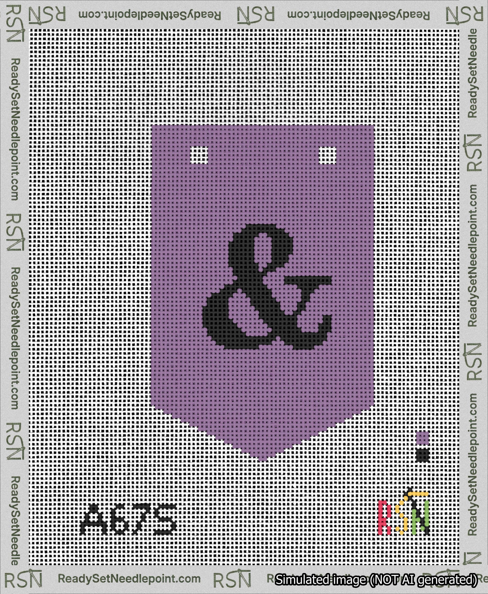 A taped needlepoint canvas with the design: Banner 13 mesh count Pointed Ampersand Black on Purple.