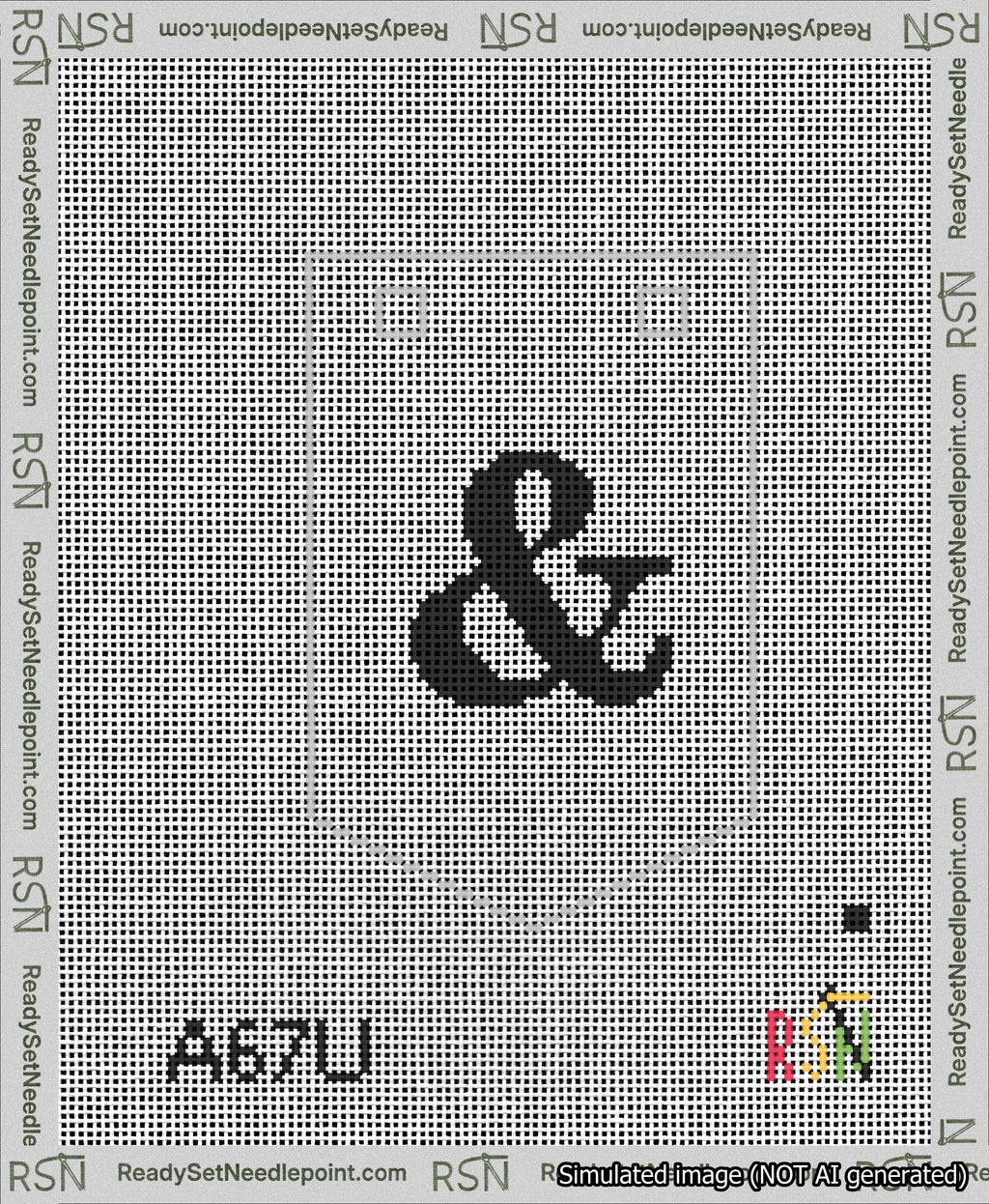 A taped needlepoint canvas with the design: Banner 13 mesh count Pointed Ampersand Black on White.