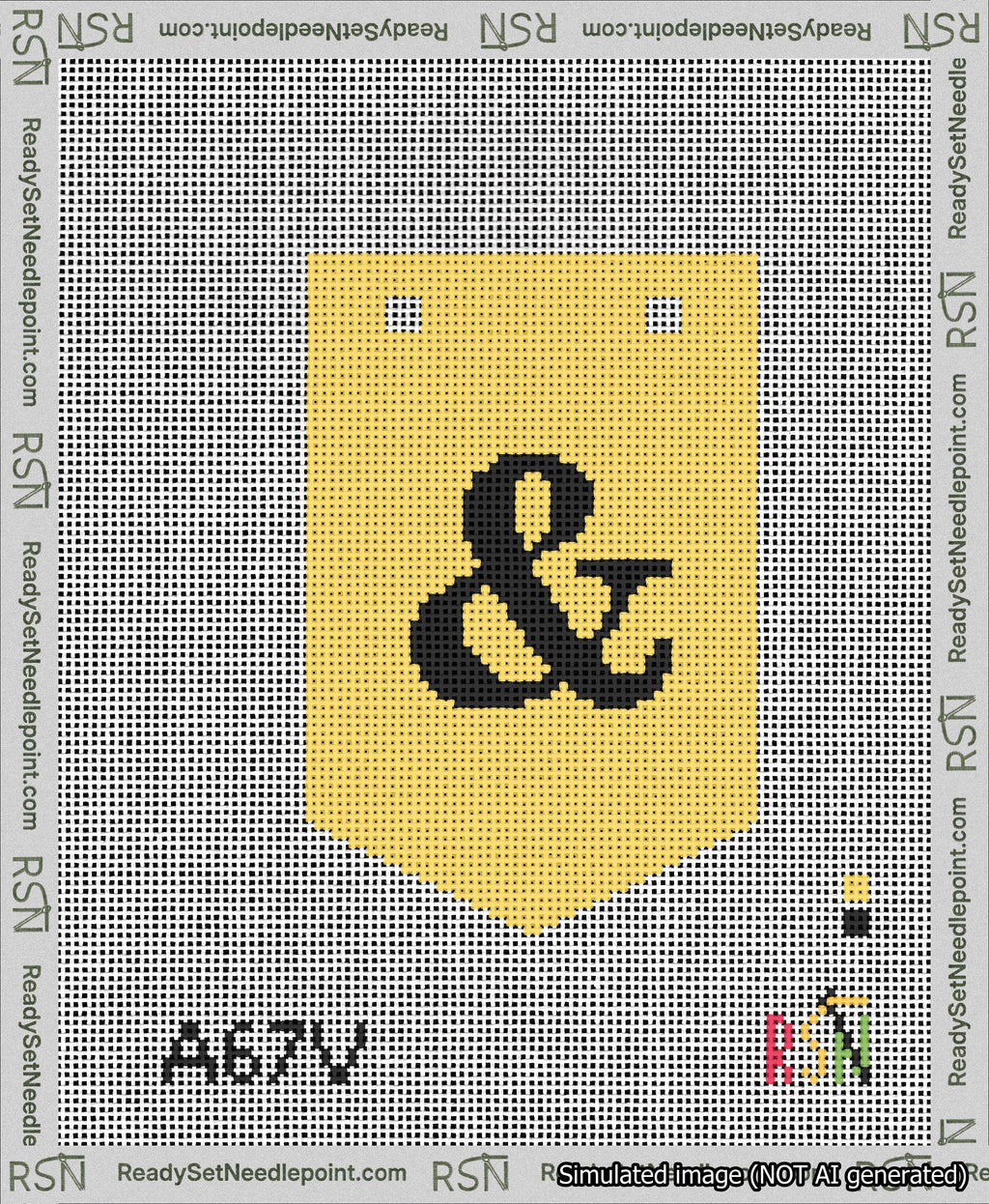 A taped needlepoint canvas with the design: Banner 13 mesh count Pointed Ampersand Black on Yellow.