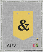 A taped needlepoint canvas with the design: Banner 13 mesh count Pointed Ampersand Black on Yellow.