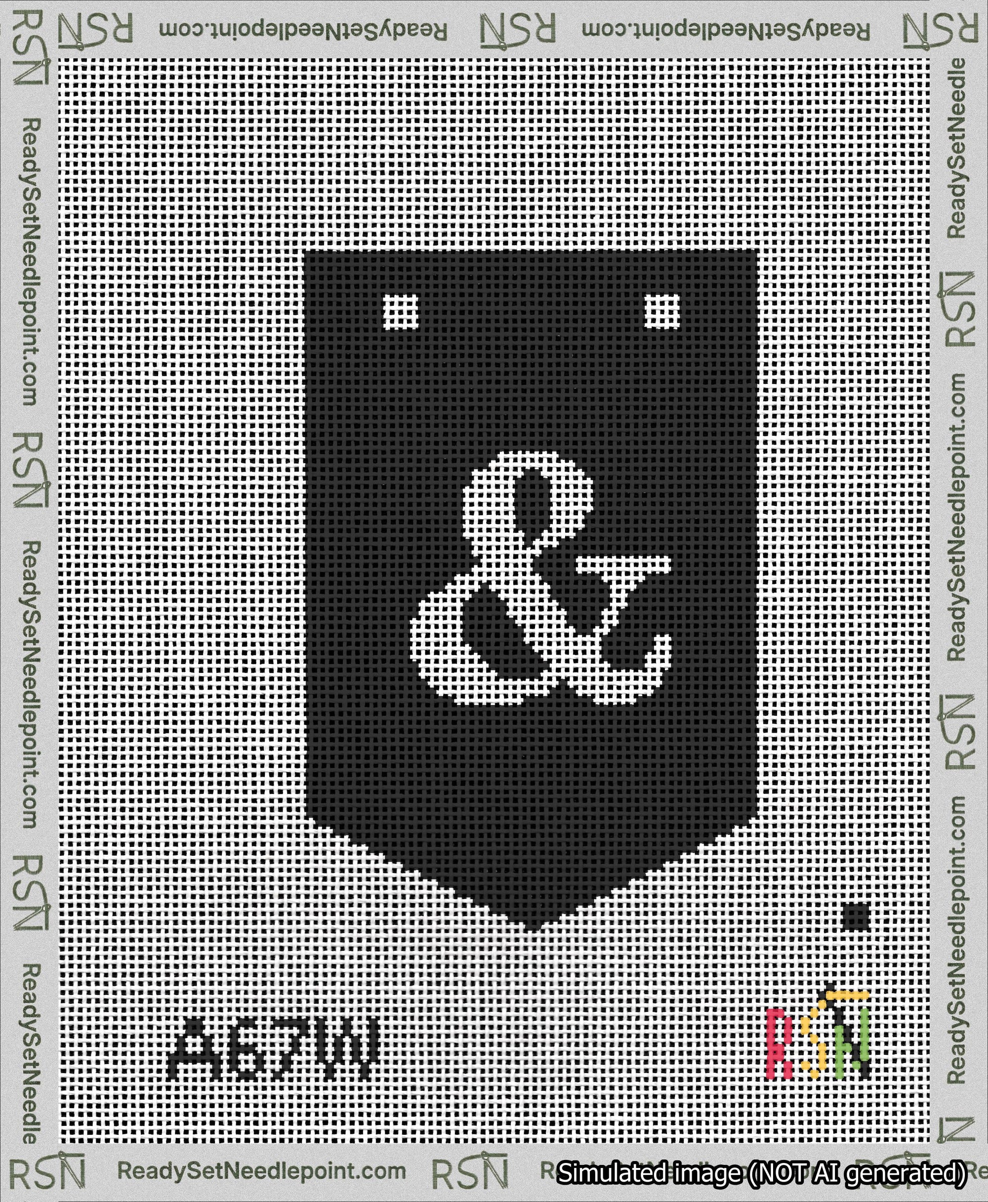 A taped needlepoint canvas with the design: Banner 13 mesh count Pointed Ampersand White on Black.
