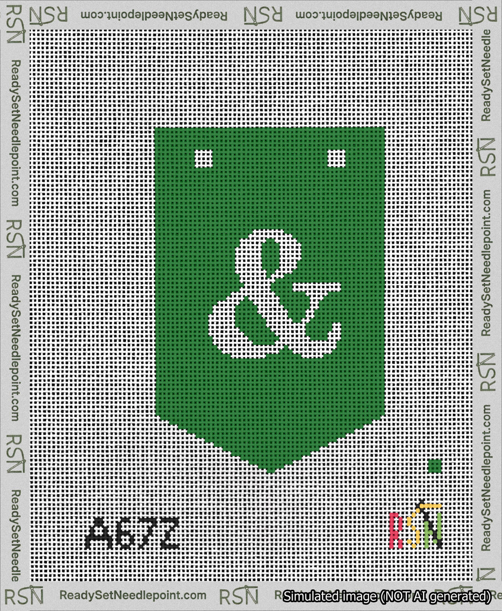 A taped needlepoint canvas with the design: Banner 13 mesh count Pointed Ampersand White on Green.