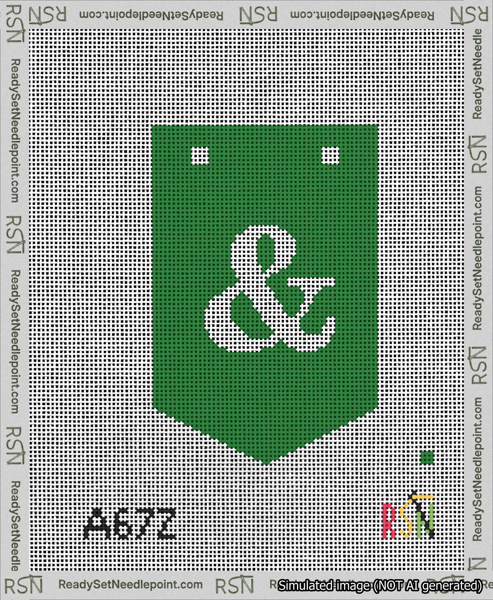 A taped needlepoint canvas with the design: Banner 13 mesh count Pointed Ampersand White on Green.