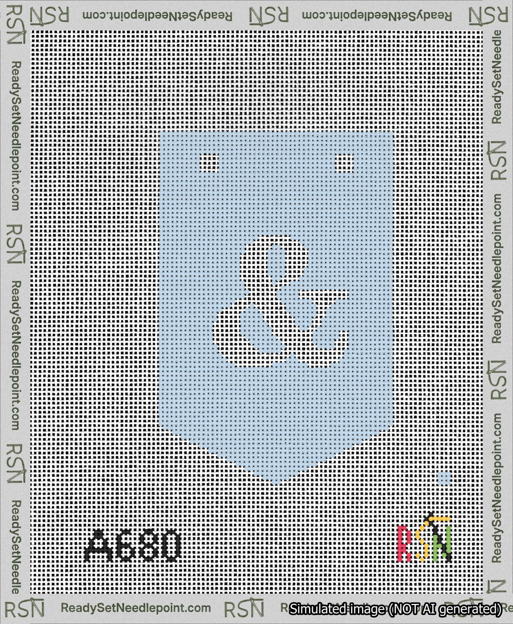 A taped needlepoint canvas with the design: Banner 13 mesh count Pointed Ampersand White on Light Blue.