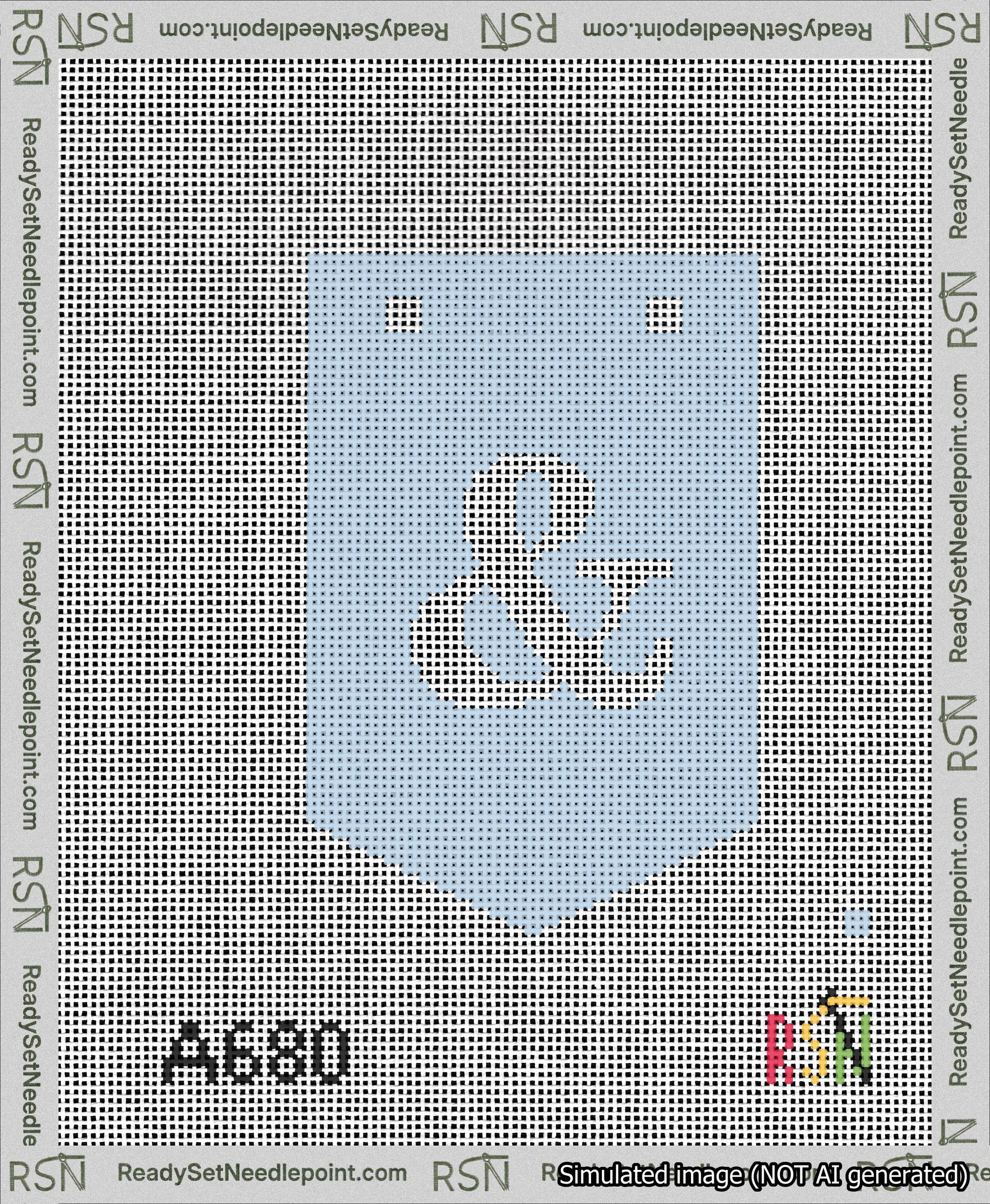 A taped needlepoint canvas with the design: Banner 13 mesh count Pointed Ampersand White on Light Blue.