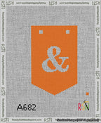 A taped needlepoint canvas with the design: Banner 13 mesh count Pointed Ampersand White on Orange.
