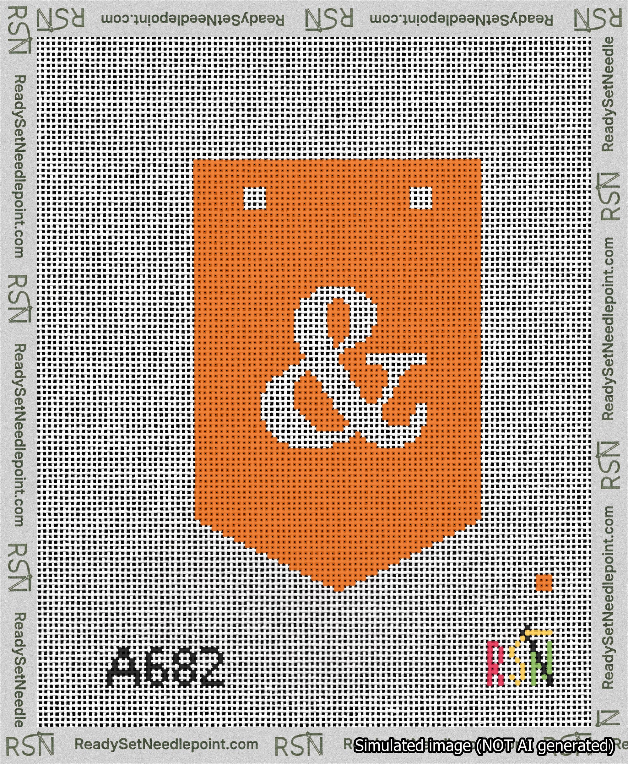 A taped needlepoint canvas with the design: Banner 13 mesh count Pointed Ampersand White on Orange.