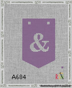 A taped needlepoint canvas with the design: Banner 13 mesh count Pointed Ampersand White on Purple.