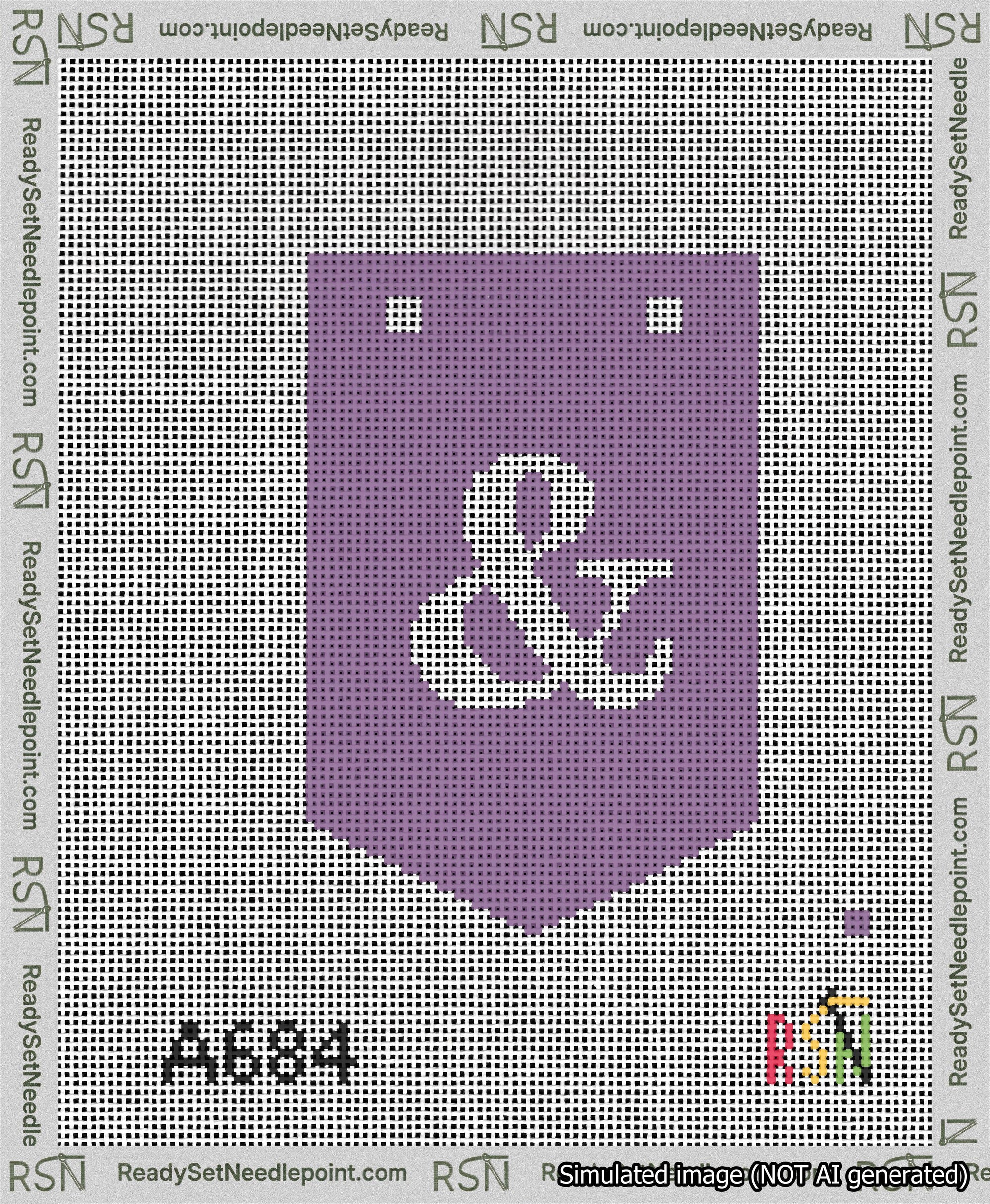 A taped needlepoint canvas with the design: Banner 13 mesh count Pointed Ampersand White on Purple.