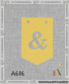 A taped needlepoint canvas with the design: Banner 13 mesh count Pointed Ampersand White on Yellow.