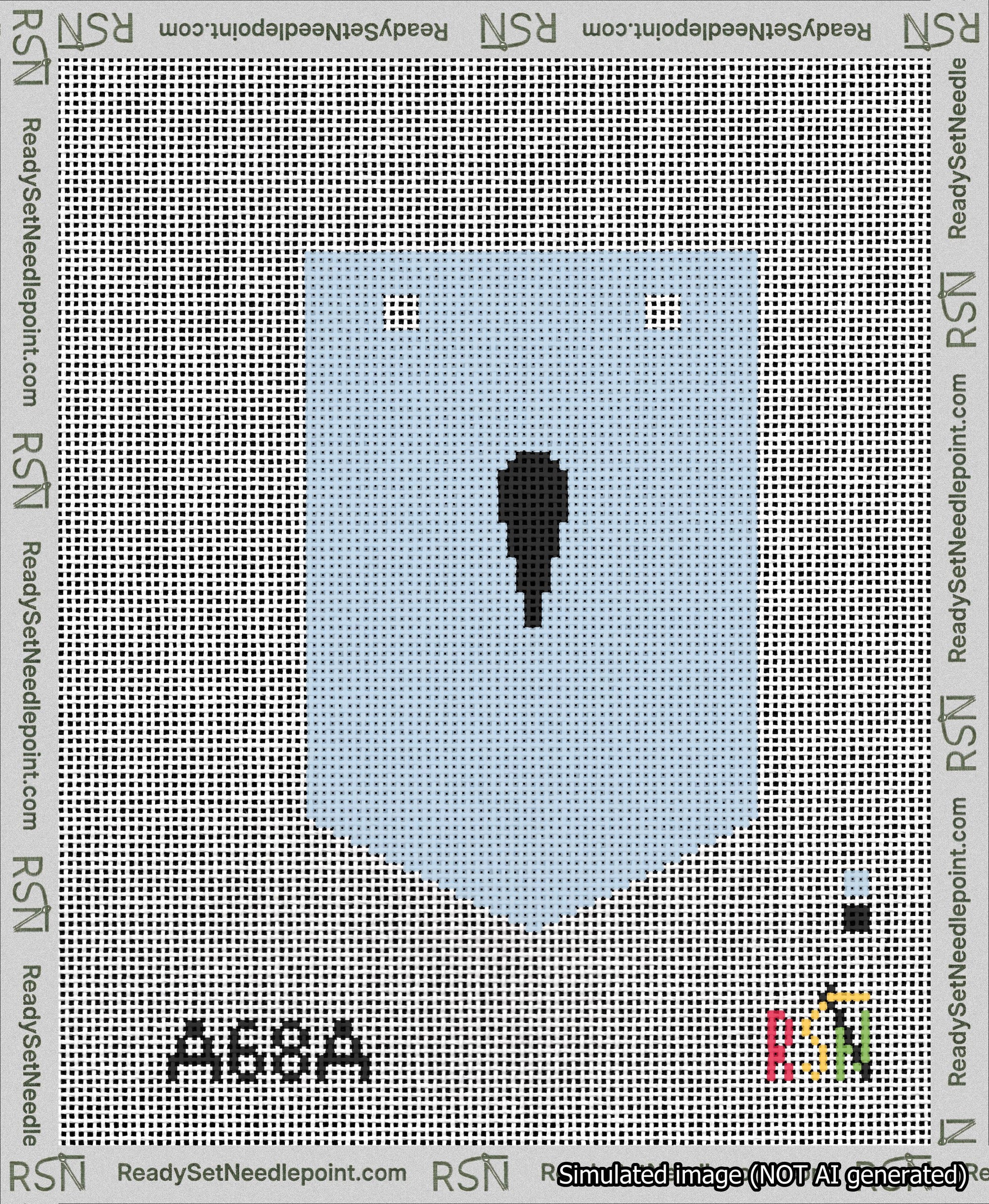 A taped needlepoint canvas with the design: Banner 13 mesh count Pointed Apostrophe Black on Light Blue.