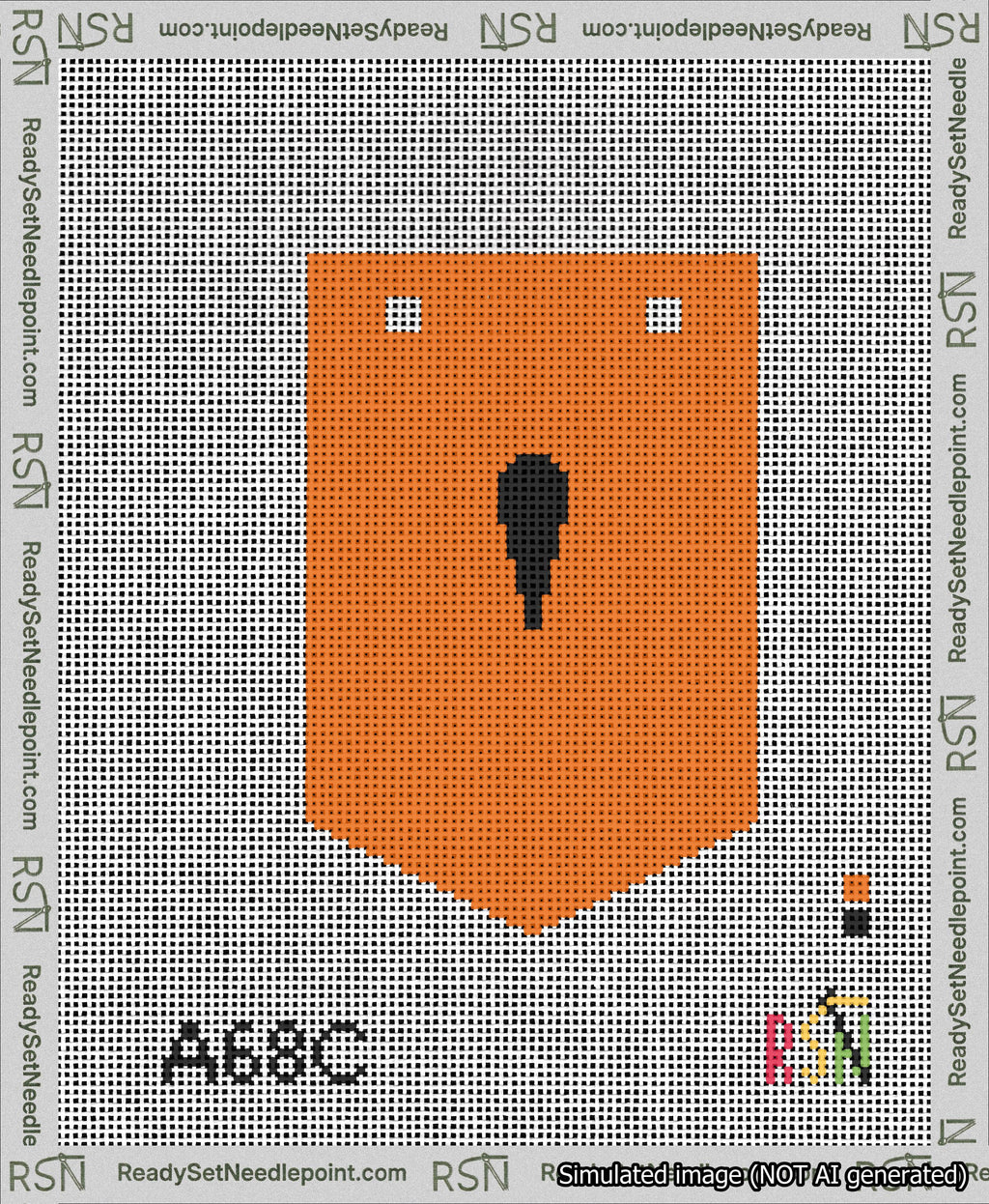 A taped needlepoint canvas with the design: Banner 13 mesh count Pointed Apostrophe Black on Orange.