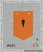 A taped needlepoint canvas with the design: Banner 13 mesh count Pointed Apostrophe Black on Orange.