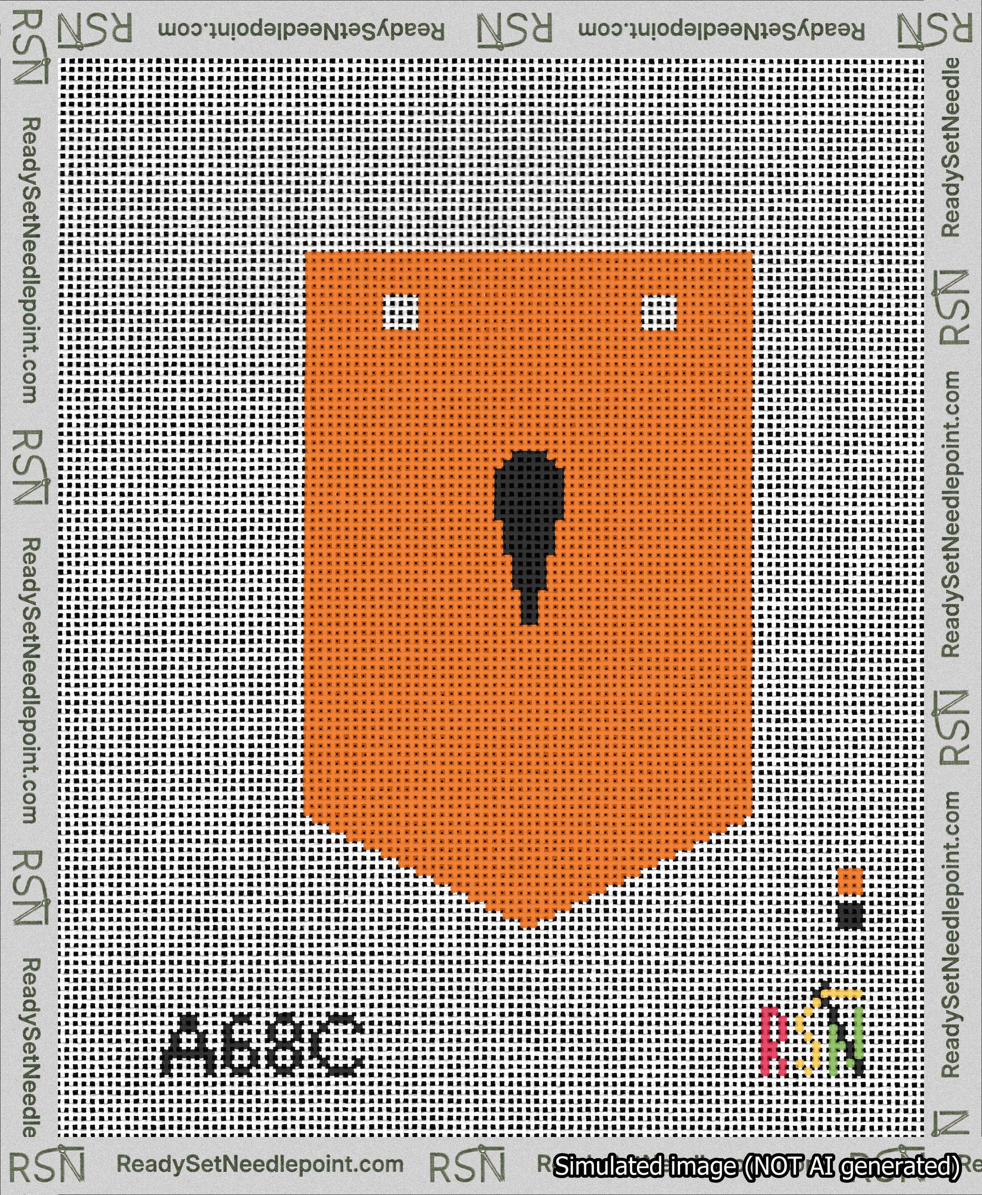 A taped needlepoint canvas with the design: Banner 13 mesh count Pointed Apostrophe Black on Orange.