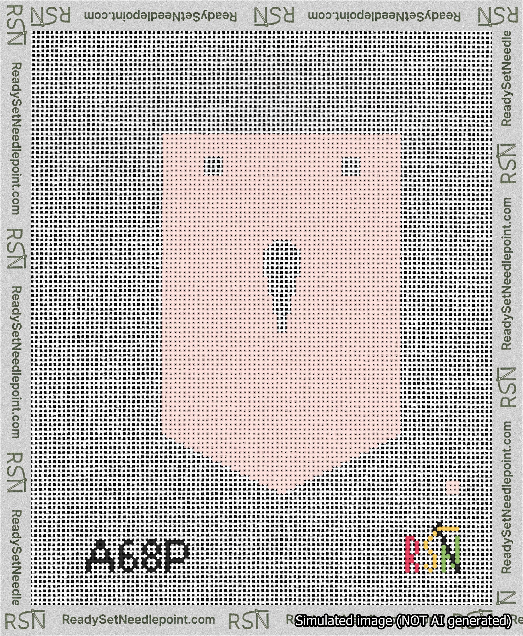 A taped needlepoint canvas with the design: Banner 13 mesh count Pointed Apostrophe White on Pink.