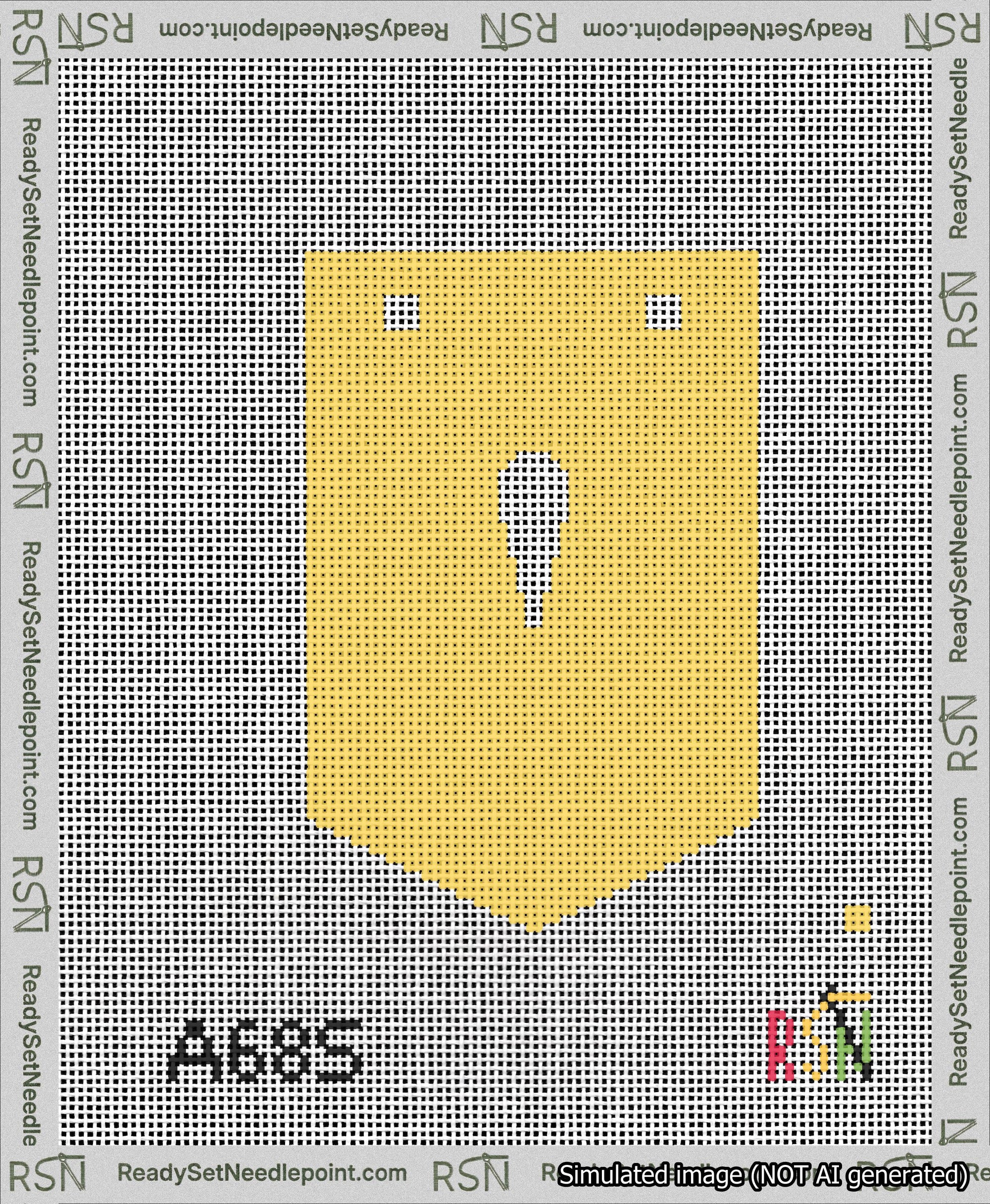 A taped needlepoint canvas with the design: Banner 13 mesh count Pointed Apostrophe White on Yellow.