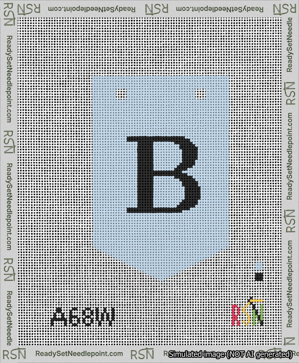 A taped needlepoint canvas with the design: Banner 13 mesh count Pointed B Black on Light Blue.