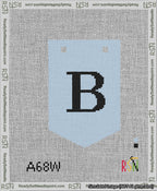 A taped needlepoint canvas with the design: Banner 13 mesh count Pointed B Black on Light Blue.