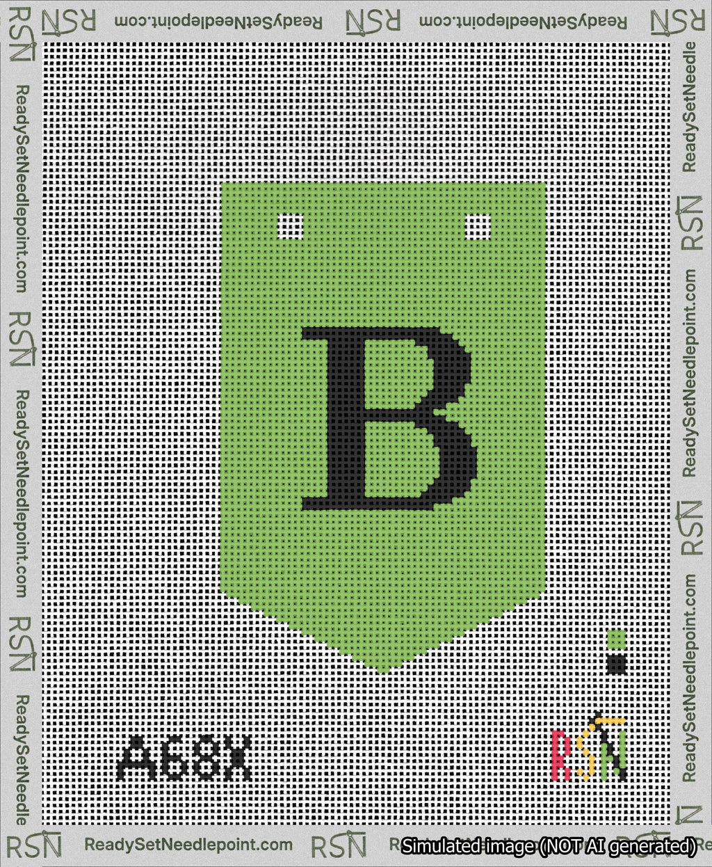 A taped needlepoint canvas with the design: Banner 13 mesh count Pointed B Black on Light Green.