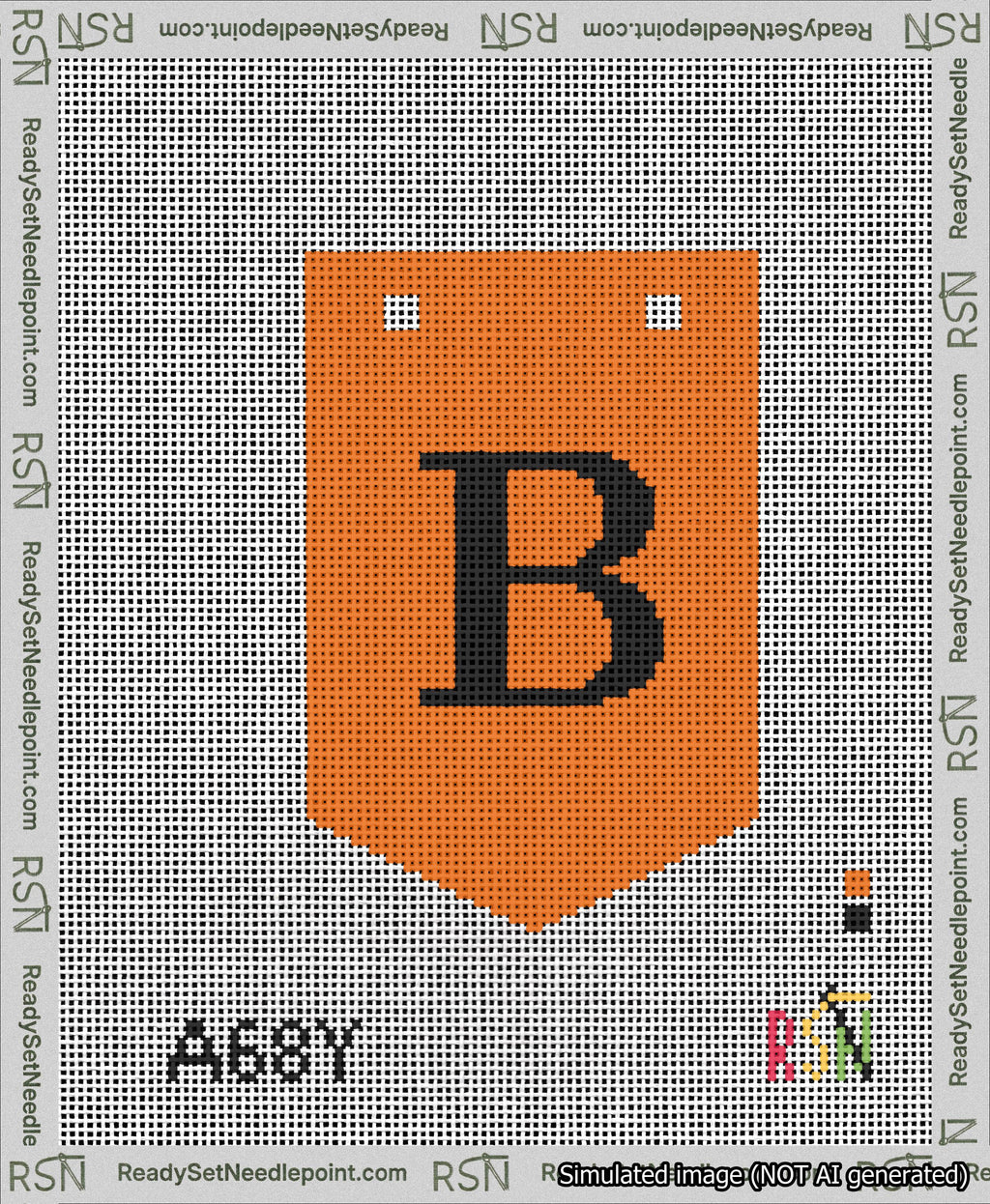 A taped needlepoint canvas with the design: Banner 13 mesh count Pointed B Black on Orange.