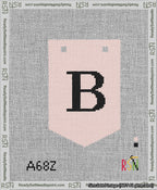 A taped needlepoint canvas with the design: Banner 13 mesh count Pointed B Black on Pink.